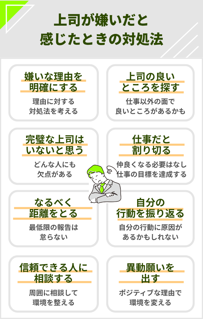 上司が嫌いだと感じる時の対処法  嫌いな理由を明確にする 上司にも良いところはないか探してみる 完璧な上司はいないことを理解する 仕事だと割り切る できる限り関わらないよう距離を取る 自分自身の行動に原因はないかを振り返る 人事部や信頼できる上司に相談する 異動願いを出す