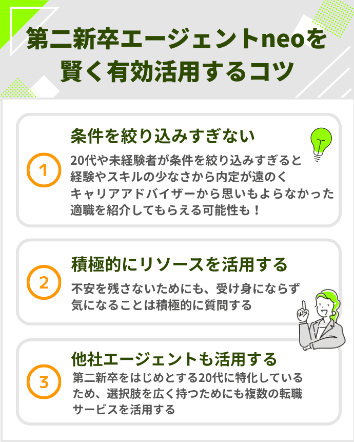 第二新卒エージェントneoを賢く有効活用するコツのインフォグラフィック